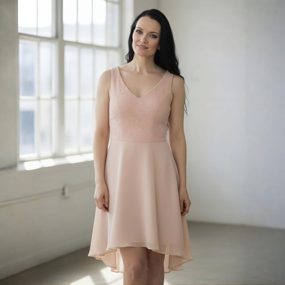 Debbie Co ✦ Blush Pink High-Low Lace Dress ✦ Sleeveless V-Neck Chiffon Overlay M